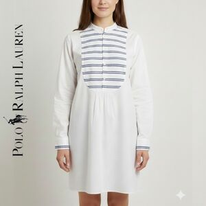 Polo Ralph Lauren 100% Cotton White and Blue Striped Bib Shirtdress